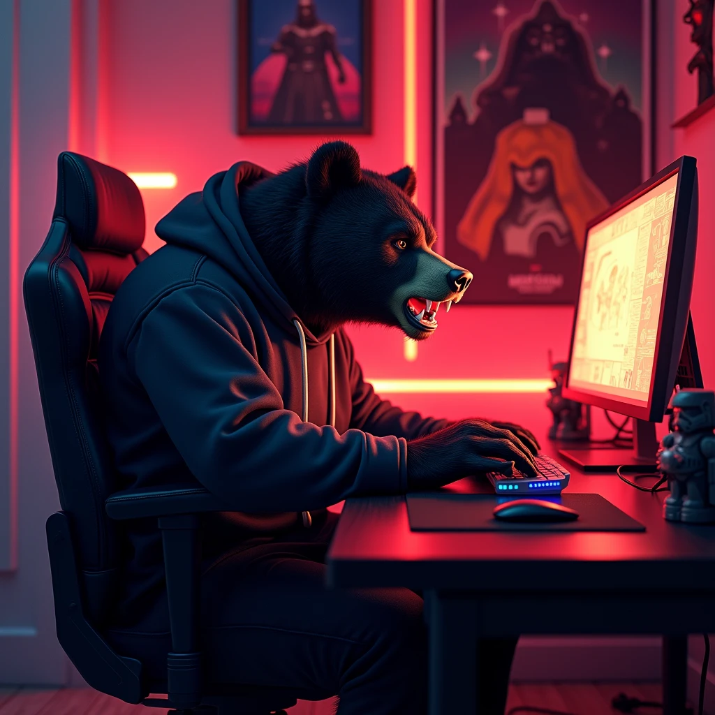 A black bear (animal) angry and growling while playing on his computer. Has a gamer office with red lights in the background. He is sitting in a gaming chair. He has a sweatshirt. Star Wars things for decoration. ReV animated style.