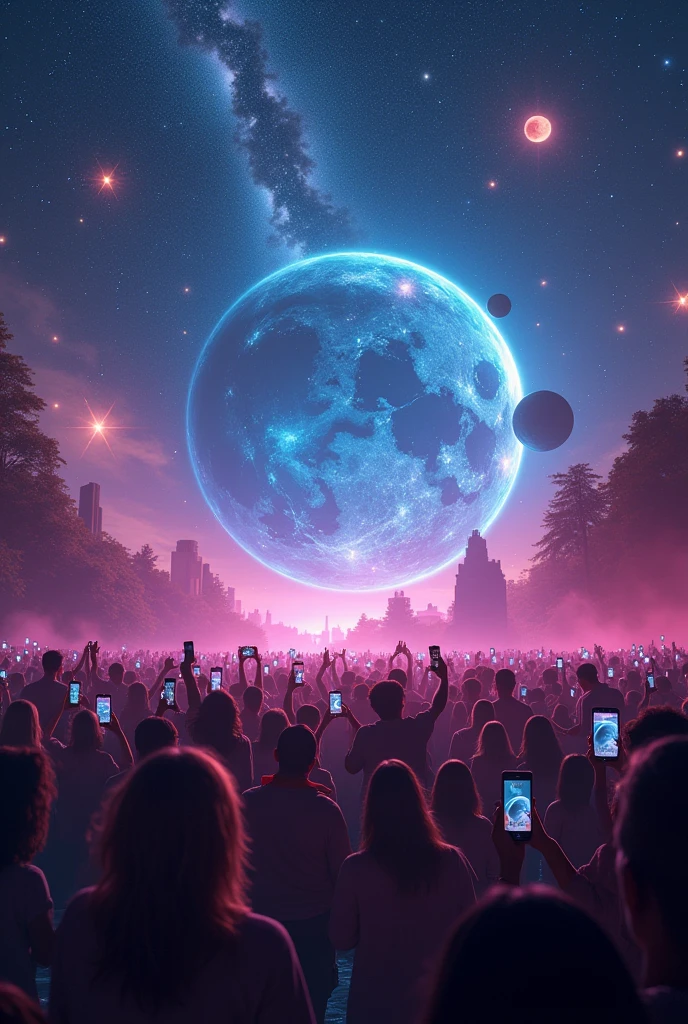 A new planet where only people play smartphone. Dancing on social media Someone held a phone and filmed another person dancing. Everyone has a mobile phone. people standing on stars in space Can see other planets in space