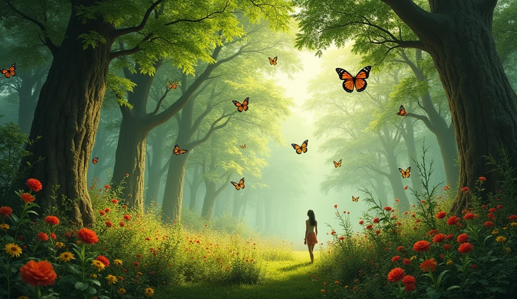 In the forest, Maya saw tall trees with green leaves. Some trees were very old and big. They also saw colorful flowers, like red and yellow ones. Maya liked the big butterflies flying around the flowers.