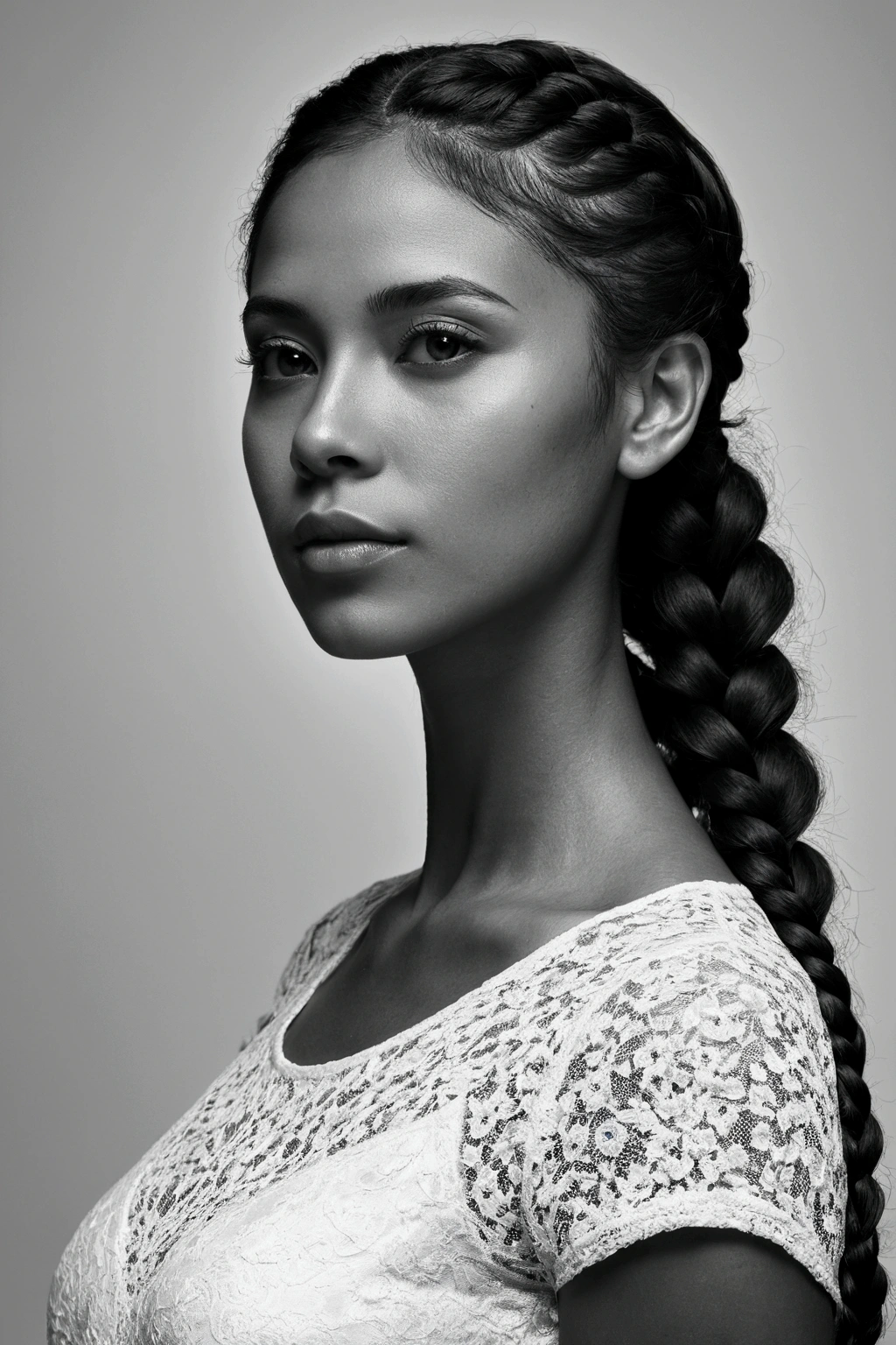 realistic photo, multi-award-winning image, play of lights, black and white, photographic shot from the FRONT in full body, the shot is of the whole body, image quality is: HD 8K, discreet and defined lights reflecting in her beautiful eyes,
perfect and defined complete silhouette of a woman born in COLOMBIA, 25 years old, with harmonious shapes, medium-long braided hair, photographic shot, with cannon reflex camera, latest generation