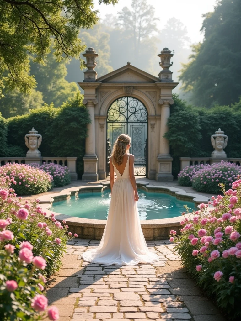 1 Bride in a charming European ((flower garden)) in morning light, rays of light, featuring classic, historic architecture., cinematic lighting, The shot includes an ornate stone fountain as the focal point, with water cascading into a beautifully designed pool. Surrounding the fountain are lush flower beds with vibrant flowers, such as roses and lavender. Elegant stone statues and elaborate wrought iron gates are strategically placed throughout the garden. A cobblestone path winds through the garden, leading to charming nooks and quiet sitting areas. The entire scene is bathed in soft, natural daylight, highlighting the classic architectural details and creating a romantic, picturesque atmosphere, pastel tones, looking at the viewer,