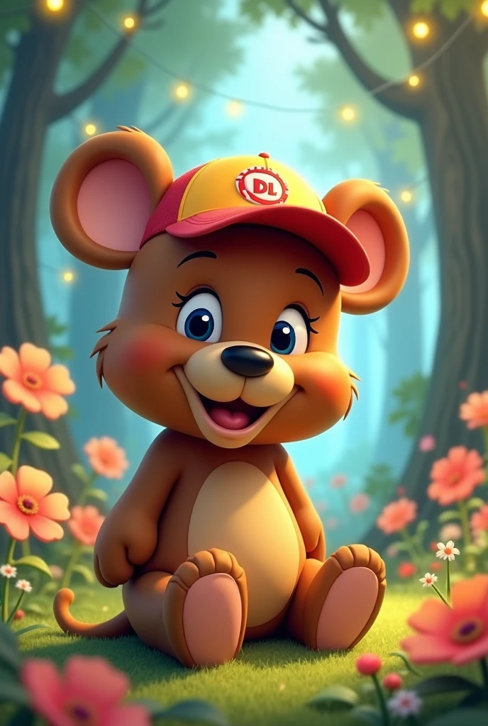 IMAGE OF A SITTING MICKEY MOUSE STYLE ANIMATED BEAR WEARING A CAP WITH DL LOGO