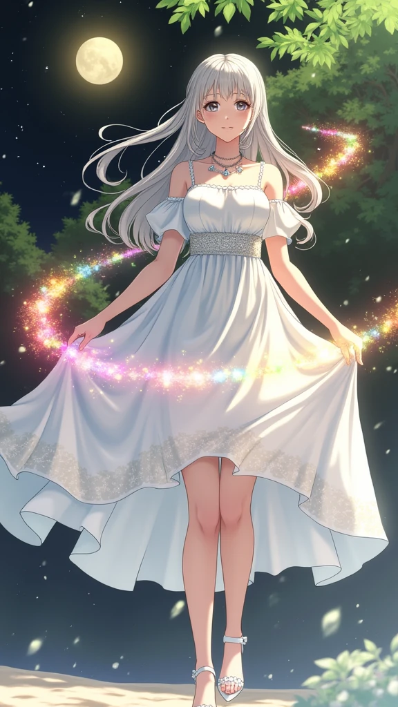 (masterpiece、Highest quality、8k、High resolution)、One female、(Beautiful Face、Beautiful Face)、Beautiful eyes、Beautiful lips、Beautiful nose、Silver blonde hair、(The best girl in anime)、Sandy beach with a view of the forest、A bright night with stars visible、full moon、milky way、体whole bodyから神秘的な光の粒子、Colorful light particles、A mysterious light glowing around the head、jewelry、necklace、dress、(whole body)、Highly detailed anime art、A complete portrayal、
