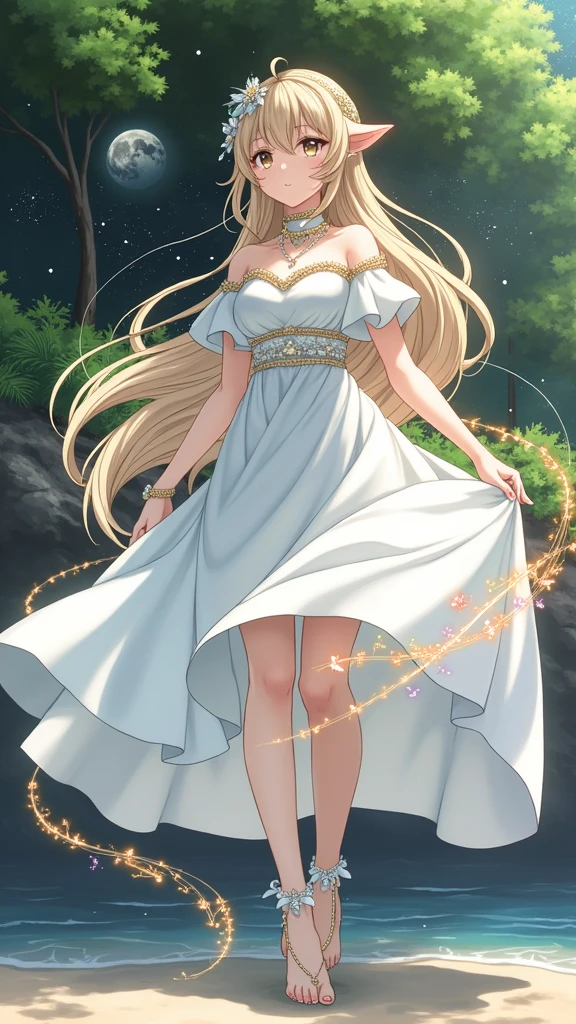 (masterpiece、Highest quality、8k、High resolution)、One female、(Beautiful Face、Beautiful Face)、Beautiful eyes、Beautiful lips、Beautiful nose、Silver blonde hair、(The best girl in anime)、Sandy beach with a view of the forest、A bright night with stars visible、full moon、milky way、体whole bodyから神秘的な光の粒子、Colorful light particles、A mysterious light glowing around the head、jewelry、necklace、dress、(whole body)、Highly detailed anime art、A complete portrayal、