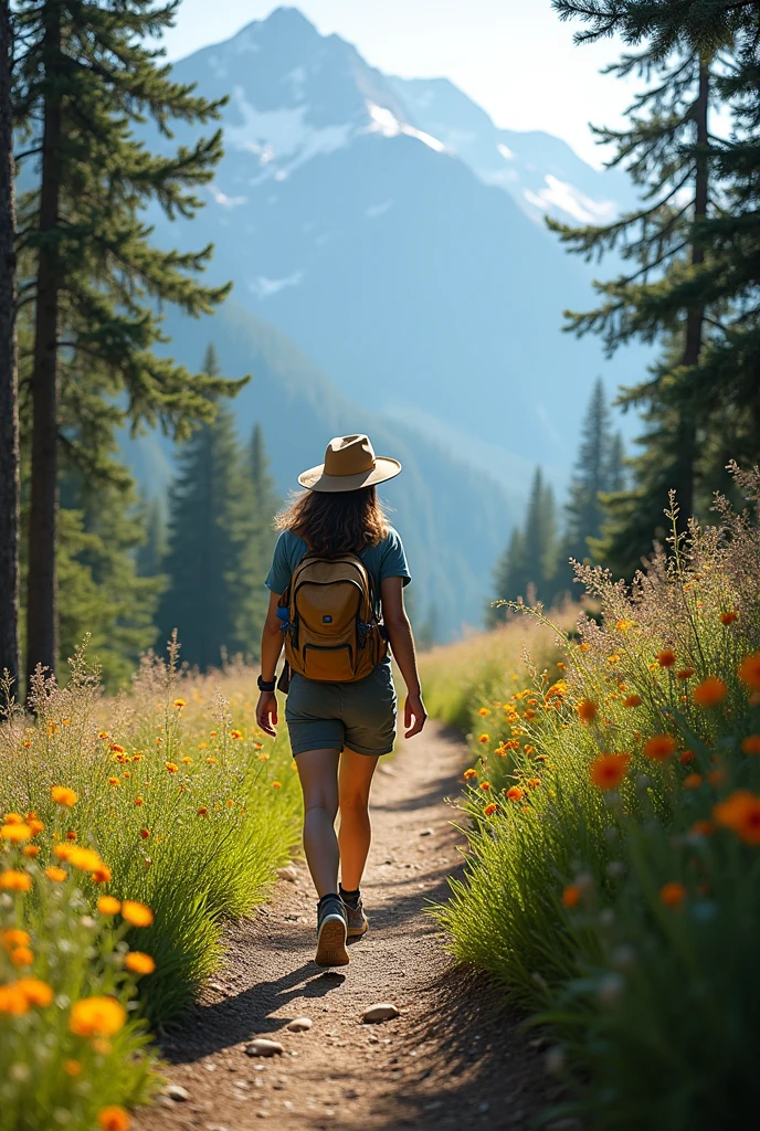 in the sun，A person is strolling，On the way up the mountain，Fresh air