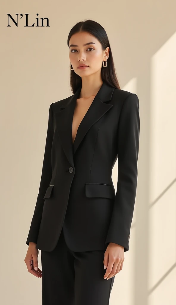 Create a fashion poster featuring a women's blazer as the main product, with the brand name 'N'Lin' prominently displayed in the image. The poster should exude elegance and sophistication, appealing to young women with a refined and trendy sense of style. Use a minimalist design with a clean background, focusing on the blazer's details and quality. The typography should be sleek and modern, and the placement of 'N'Lin' should be tasteful yet noticeable, reinforcing the brand's identity within the high-fashion market
