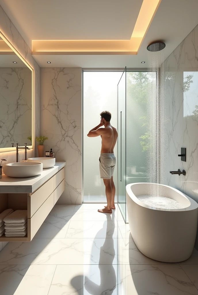 The perfect bathroom is bright and elegant, with white marble floor. A glass rain shower is located on the right, next to a freestanding bathtub in front of a large mirror with LED lighting, a white sink, a piece of furniture that stores towels and products.

 My tall, brown-haired brother goes early every morning. Shower under the rain effect, enjoying the hot water, He shaves in front of the illuminated mirror and dries himself with towels..