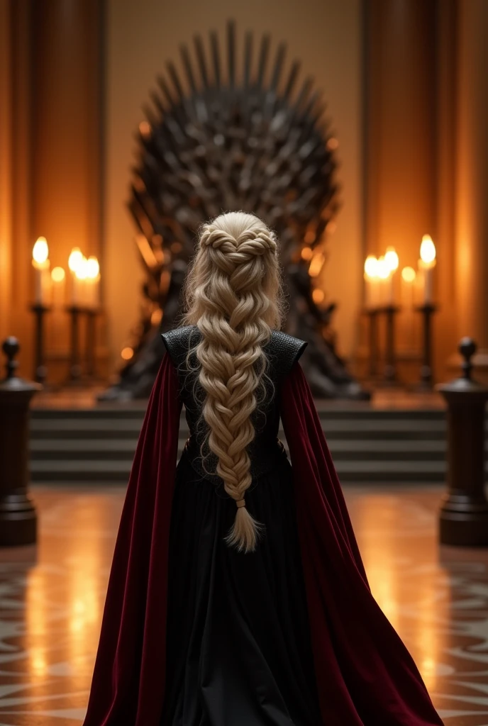 A beautiful Aesthetic Thick Little fat Targaryen Princess with long curly full braided platinum blonde hair, she's wearing a royal black Cotton hard PRINCESS Costume with Dark Red cloak on her right back shoulder, She's walking to Iron throne on a large throne room, Walls are decorated with candles,long camera shot from character's rear