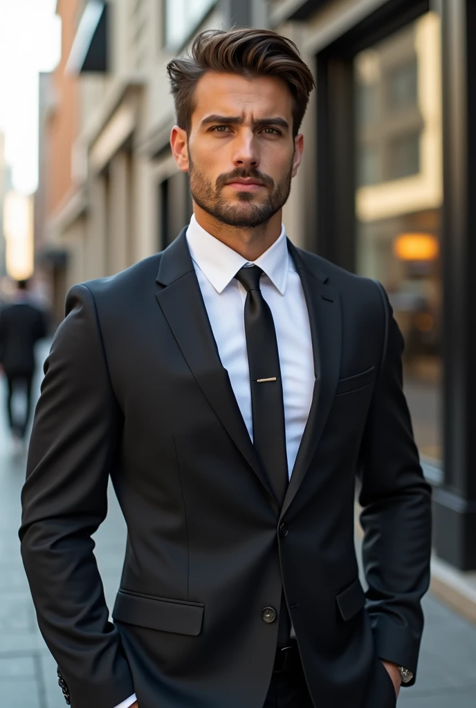25 year old lightly tanned white man with a thin beard,whisker,blazer white dress shirt black tie black pants black shoes, a very good physique he is very strong and attractive,has a social brown hair and he is serious