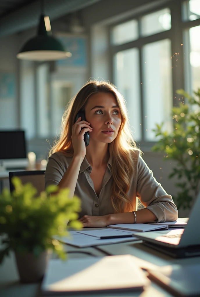 The same office environment, but now focusing on the woman's reaction as their phone rings. The desk is the central focus.