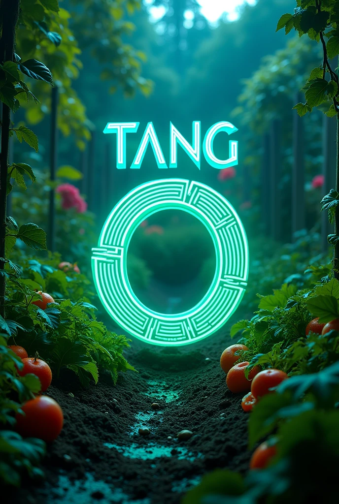 Make it look like the future.Make a logo with the word Tang O. Make the picture cool. make it interesting. Make photos look mysterious and futuristic. There is a vegetable garden and bright colors in the background.