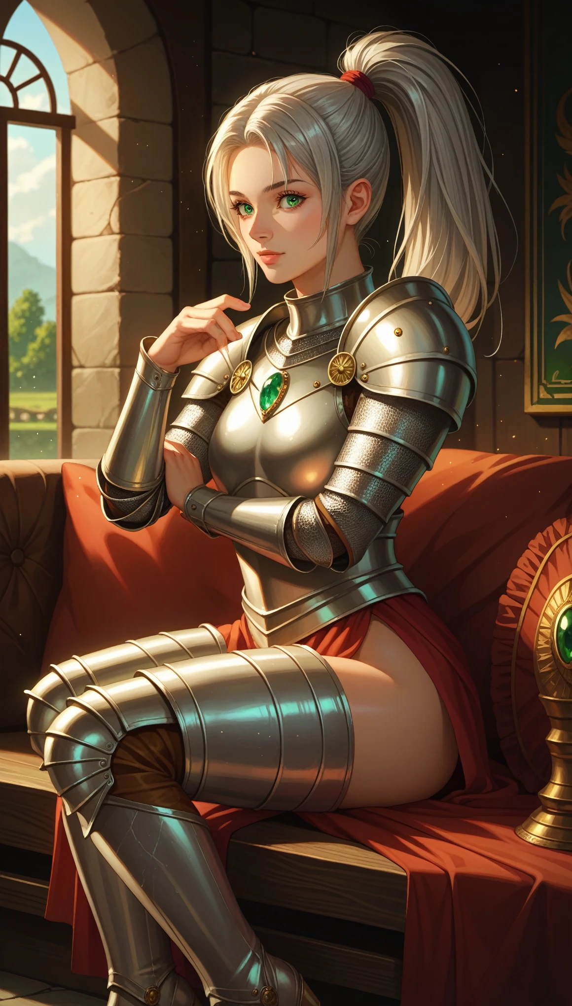 score_9, score_8_up, source_anime,
1girl, solo, Silver-haired female knight, detailed face, detailed eyes, Green emerald eyes, High ponytail, Delicate facial features, Ancient European style silver-white armor, Boots, Gaiters, Character design, quadratic element