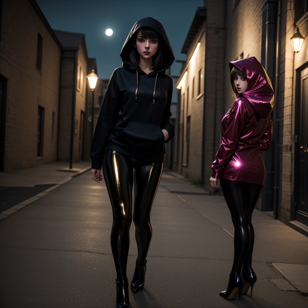 high, Very thin, A skinny, slender girl., in tights all over her body and with a hood. naked , fatty, highly shiny body on a very dark night, Dim lighting at dusk, dark fantasy,in heels