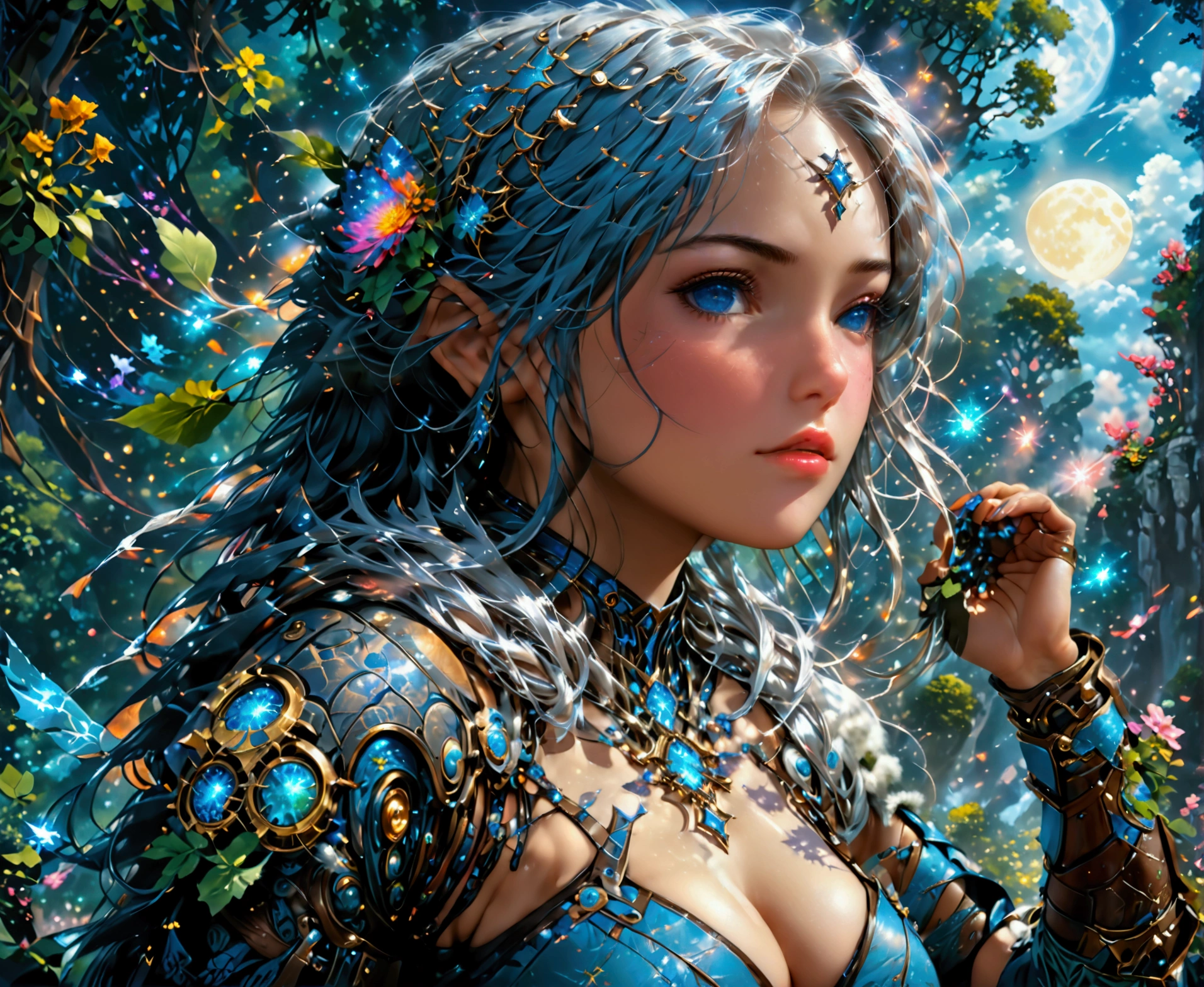 comic art, dnd art, rpg art, realistic art, female human druid of the stars, guardian of nature, controlling magical energy made of stars, swirling blue stary magical light, divine symbols, (under the sky filled with stars: 1.3), human female, busty, extremally beautiful, ultra feminine, dynamic hair, dynamic hair color, wearing leather armor, holding a staff, moon light, stars,  dynamic natural background,  RPG art, magical atmosphere magic-fantasy-sky full with colorful stars, high details, best quality, 16k, [ultra detailed], masterpiece, best quality, (extremely detailed), dynamic angle, ultra wide shot, photorealistic, ((fantasy art)) ultra best realistic, best details, best quality, 16k, [ultra detailed], masterpiece, best quality, (extremely detailed), ultra wide shot, photorealism, depth of field, hyper realistic painting, 3D rendering, rpg portrait