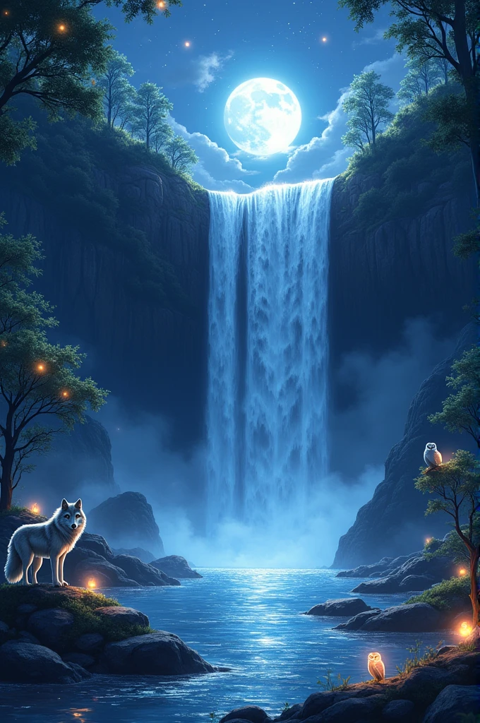 Design an anime scene of a cascading waterfall under the moonlit sky. Show various animals like wolves, owls, and fireflies gathered around the waterfall, reflecting on the calm water. The image should have high graphics, with the moonlight casting sharp contrasts and highlighting the mystical atmosphere of the night. Enhance the scene with glowing elements and detailed textures to create an enchanting experience