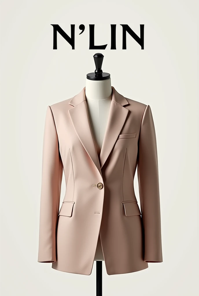 Create a fashion poster featuring a women's blazer as the main product, with the brand name 'N'Lin' prominently displayed in the image. The poster should exude elegance and sophistication, appealing to young women with a refined and trendy sense of style. Use a minimalist design with a clean background, focusing on the blazer's details and quality. The typography should be sleek and modern, and the placement of 'N'Lin' should be tasteful yet noticeable, reinforcing the brand's identity within the high-fashion market
