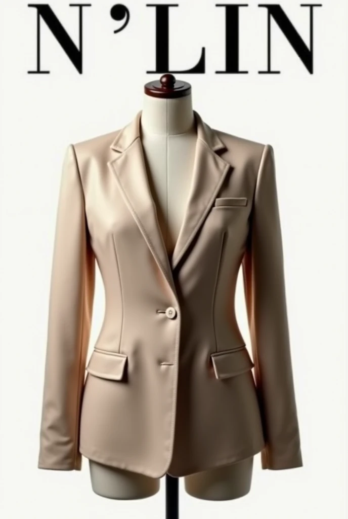 Create a fashion poster featuring a women's blazer as the main product, with the brand name 'N'Lin' prominently displayed in the image. The poster should exude elegance and sophistication, appealing to young women with a refined and trendy sense of style. Use a minimalist design with a clean background, focusing on the blazer's details and quality. The typography should be sleek and modern, and the placement of 'N'Lin' should be tasteful yet noticeable, reinforcing the brand's identity within the high-fashion market