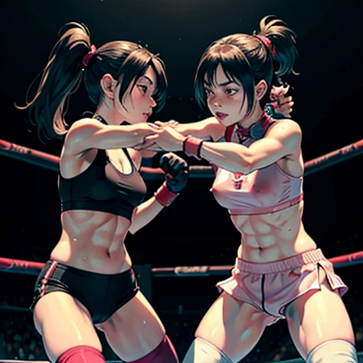 two bloody beautiful Japanese female fighters are fighting by bareknuckle boxing in the octagon fighting ring of underground arena with audience. A fierce exchange of dynamic punches. they are beating each other so hard. survival battle. whole body picture. they are covered in scars and bruises. they are damaged terribry. Short-cut black hair, out of breath, drooling from mouth, one eye is closed, exhausted, drenched in sweat. Erect nipples. open finger glove. Ragged white and pink lined sports bra, high leg panty, Stockings. armwarmers. small breasts, armwarmers. Whittled waistline, muscular, six-pack abs, small breasts.