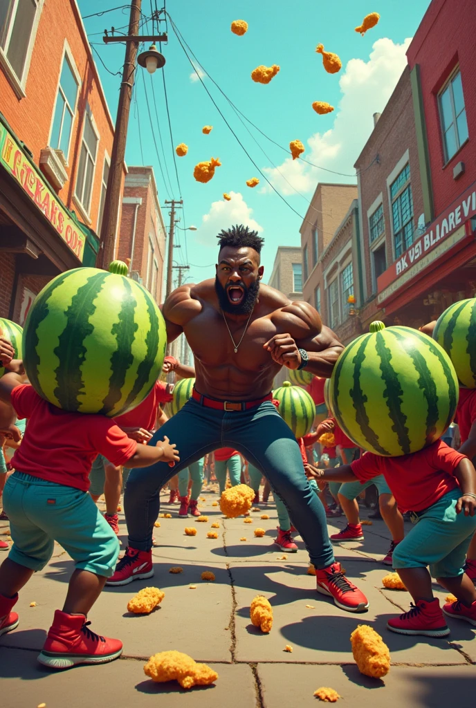 Black people fighting against watermelon head people for KFC chicken