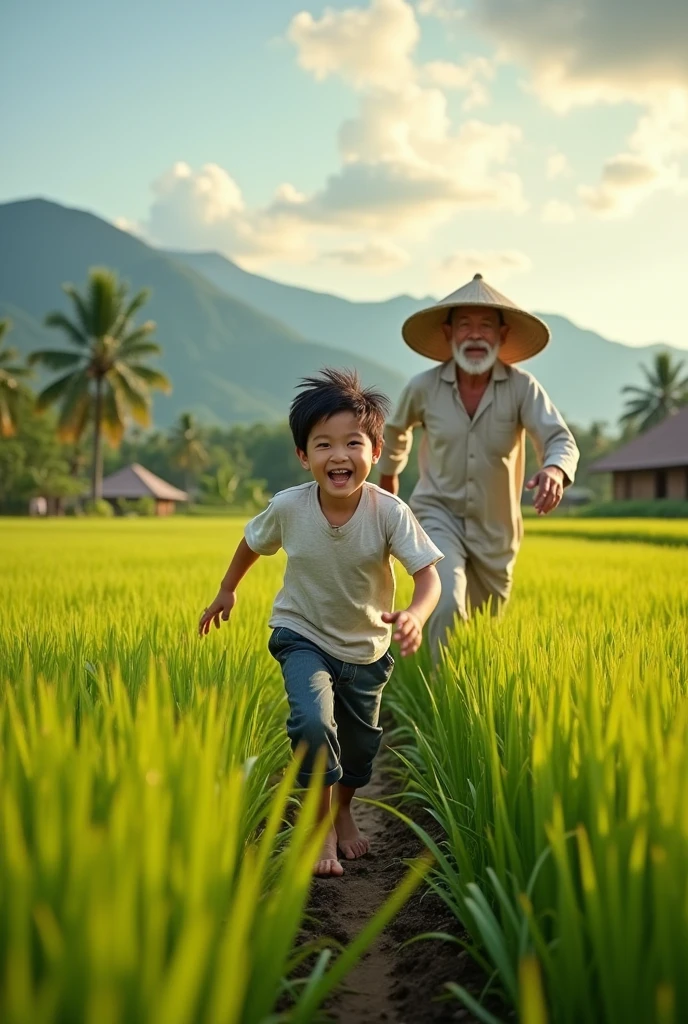 Asian village grandson runs farmer Grandndfather chases him paddy feild