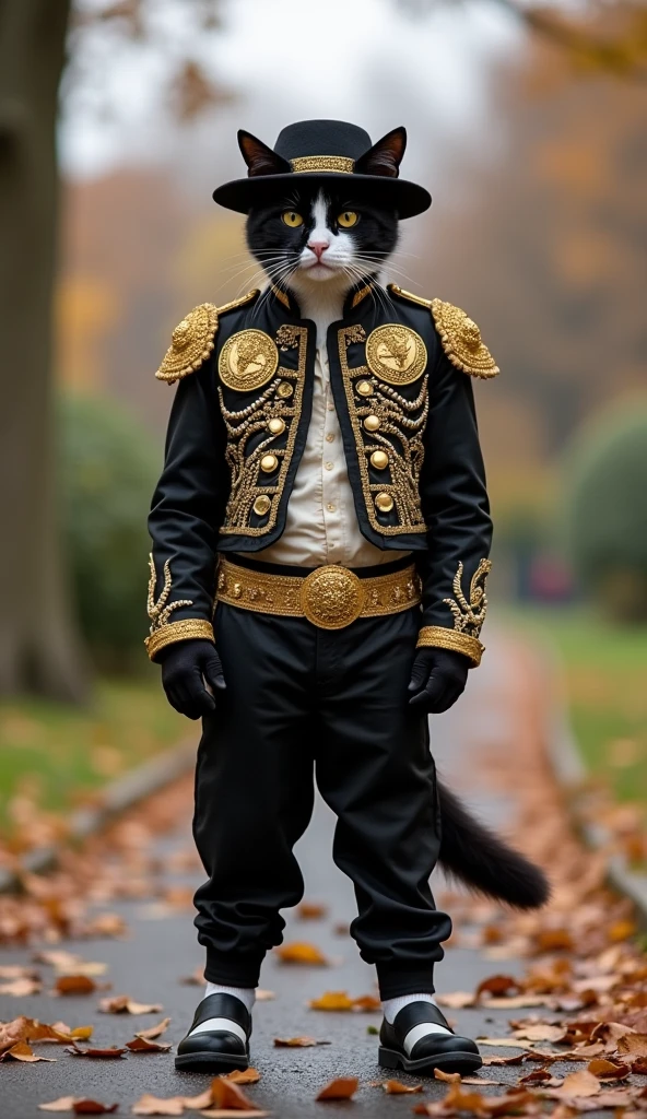 A cat dressed as Michael Jackson is standing、The background is a park