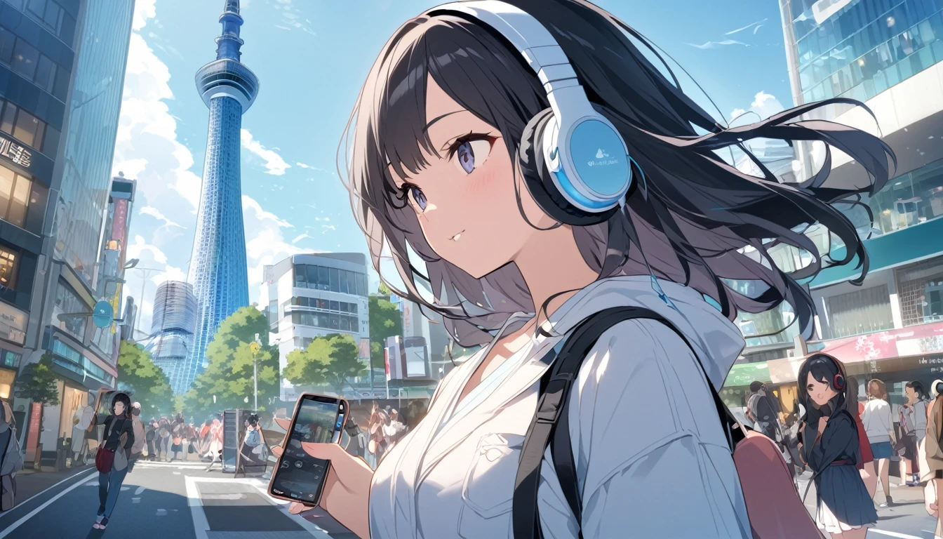 Black haired woman with headphones looking at Tokyo Skytree,Streetscape、listen to music、Japanese