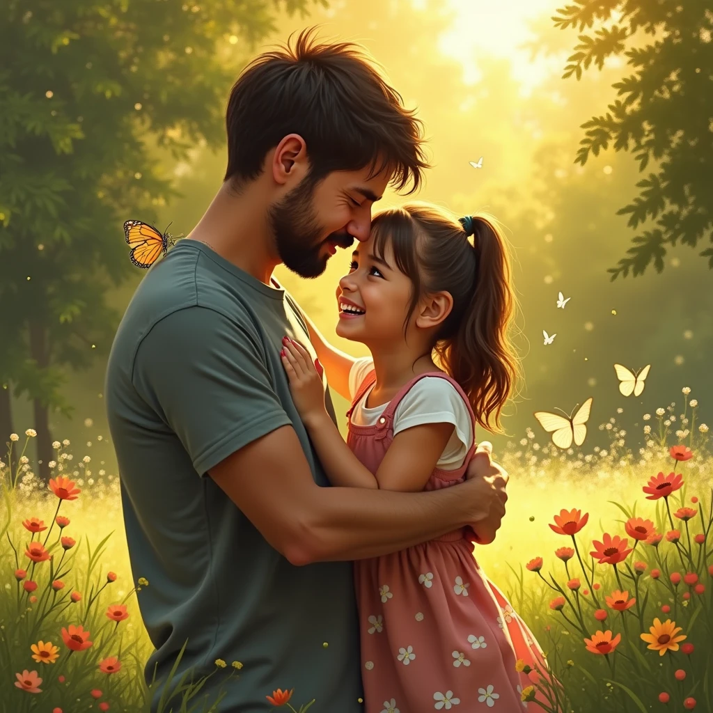 Girl with tears in her eyes, smile on her face, hugging her father.