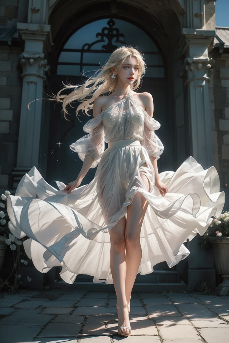((Girl standing in front of the castle wall))、Fluorescent color、One Girl、Look to the side、Beautiful Face、Beautiful Eyes、(Big Blue Eyes)(From the shoulder down:1。 2)、(Golden white hair)、Shiny Hair、Glowing Skin、Reduce glare、Finger Proportion Adjustment、Escrow、Butt viewpoint、Dynamic Angle、((Master Parts))、((Highest quality))、(((Ultra Details)、(An illustration)、(Detailed light)、(Very delicate and beautiful)、Dramatic Shadows、Ray tracing、reflection、Ultra-high resolution、((Master Parts))、((Highest quality))、((Ultra HD))。 Ultra-high resolution、((Colorful hair and mesh))、Her hair flutters in the wind、(Big deep blue eyes)、Golden white hair、haired woman、Sparkling Butterfly、Sparkling Butterfly、黒haired woman、Points of light around the woman、Magical Aura、Green dot、The nature of the aura、Magical Aura黒haired woman、 ((Translucent red one-shoulder dress: 1. 3)、(No sleeve)、((The skirt flutters up in the wind))、((An old European castle stands in the distance))、(Full Body Shot),(Long legs)、(High heels),