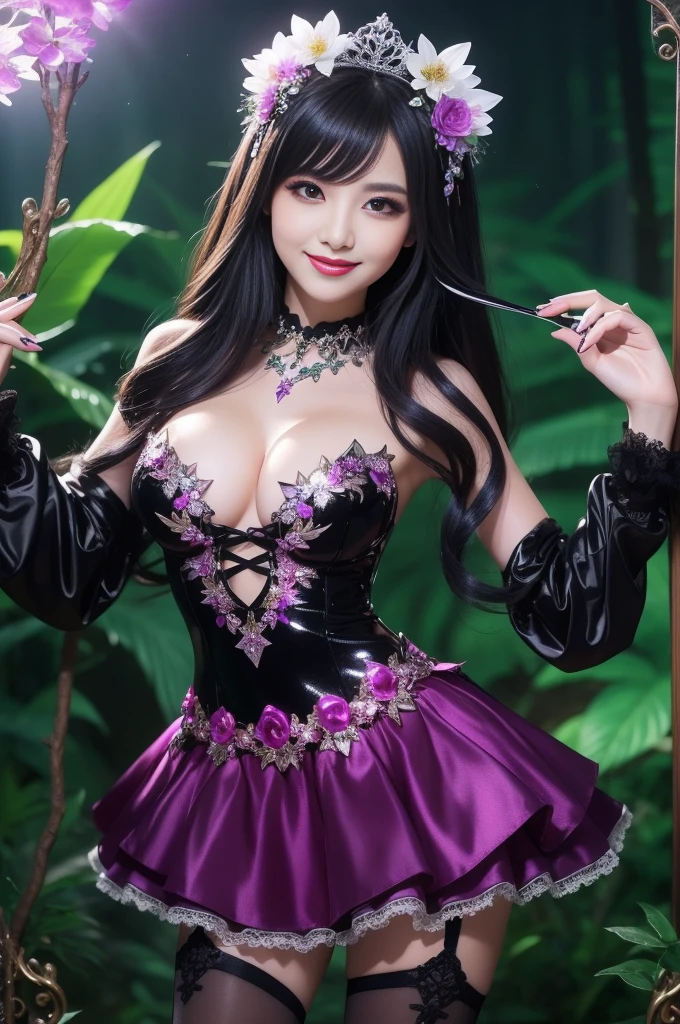 sexy stylish female who controls poison、beautiful smile、lipgloss、long lashes、dramatic makeup、look at the camera、full body Esbian、、sparkling poisoned enchanted flower costume、、、、shiny sparkling multicolor hair、secrete poison、skull hair accessories、black tights、shiny sparkling dark magic forest background