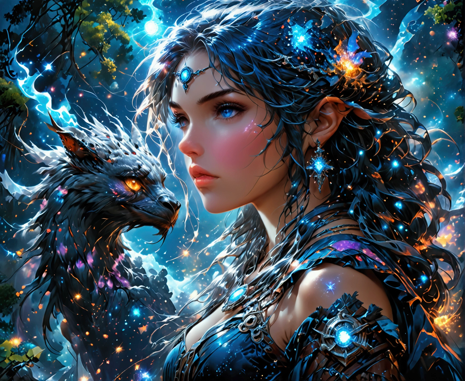 comic art  ((larry elmore style)), dnd art, rpg art, realistic art, female human druid of the stars, guardian of nature, controlling magical energy made of stars, swirling blue stary magical light, divine symbols, under the sky filled with stars, human female, busty, extremally beautiful, ultra feminine, dynamic hair, dynamic hair color, wearing leather armor, holding a staff, moon light, stars,  dynamic natural background,  RPG art, magical atmosphere magic-fantasy-sky full with colorful stars, high details, best quality, 16k, [ultra detailed], masterpiece, best quality, (extremely detailed), dynamic angle, ultra wide shot, photorealistic, ((fantasy art)) ultra best realistic, best details, best quality, 16k, [ultra detailed], masterpiece, best quality, (extremely detailed), ultra wide shot, photorealism, depth of field, hyper realistic painting, rpg portrait, mad-nbla