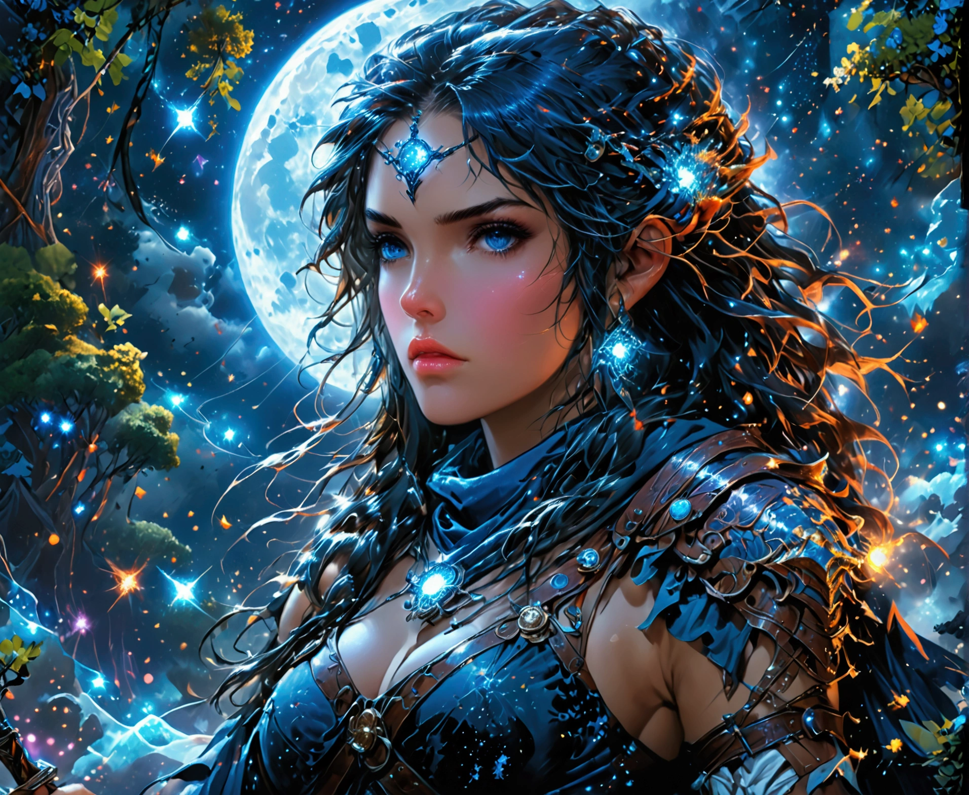 comic art  ((larry elmore style)), dnd art, rpg art, realistic art, female human druid of the stars, guardian of nature, controlling magical energy made of stars, swirling blue stary magical light, divine symbols, under the sky filled with stars, human female, busty, extremally beautiful, ultra feminine, dynamic hair, dynamic hair color, wearing leather armor, holding a staff, moon light, stars,  dynamic natural background,  RPG art, magical atmosphere magic-fantasy-sky full with colorful stars, high details, best quality, 16k, [ultra detailed], masterpiece, best quality, (extremely detailed), dynamic angle, ultra wide shot, photorealistic, ((fantasy art)) ultra best realistic, best details, best quality, 16k, [ultra detailed], masterpiece, best quality, (extremely detailed), ultra wide shot, photorealism, depth of field, hyper realistic painting, rpg portrait, mad-nbla