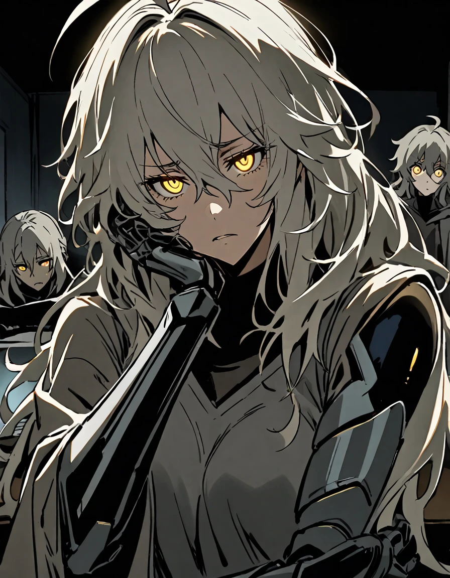 mature, Golden eye, looking at viewer, female, office room background, messy hair, grey shoulder-length hair, ponytail, parted lips, hair between eyes, ahoge, background in low light, dark, night, emotionless, grey cloak, glowing eyes, one hand on face, no emotion, bored, frown, turtleneck, prosthetic arms, extra arms on her back, prosthetic side of face, 4 arms, robotic side of face, twofaces, desk, working