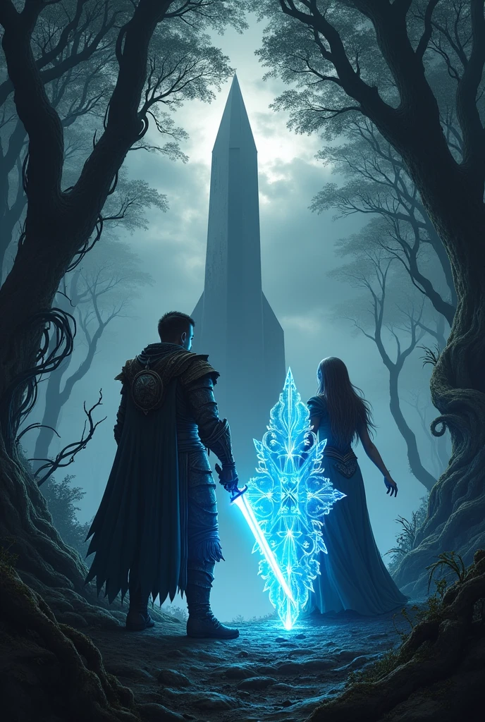 Guardians Arion and Eira arrive at the edge of the forest, where a dark tower rises among the trees. The atmosphere is charged with tension. Arion holds his lightsaber, while Eira conjures an ice shield.