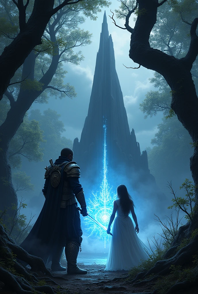 Guardians Arion and Eira arrive at the edge of the forest, where a dark tower rises among the trees. The atmosphere is charged with tension. Arion holds his lightsaber, while Eira conjures an ice shield.