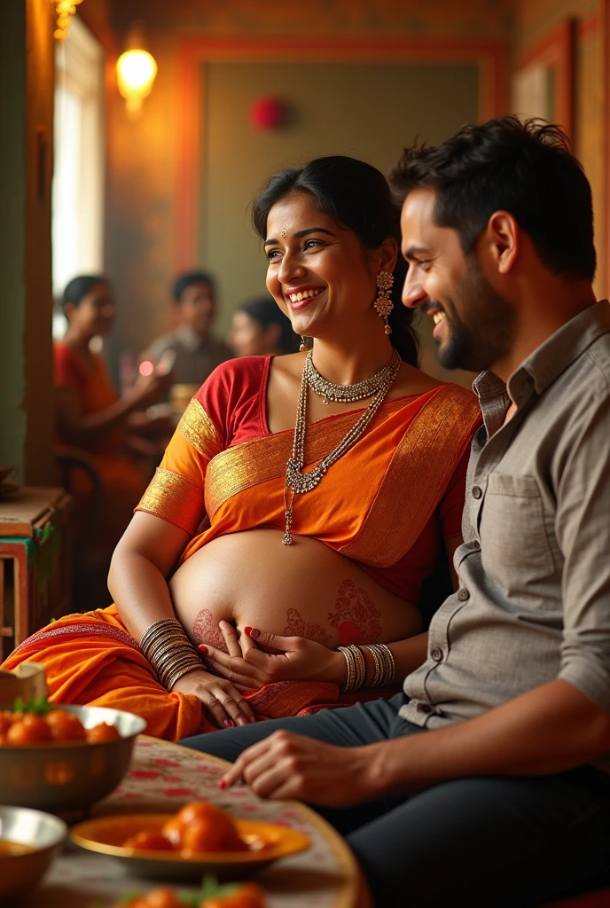 indian lady after gorging a huge meal. Her belly is fully visible. A man is touching her belly.