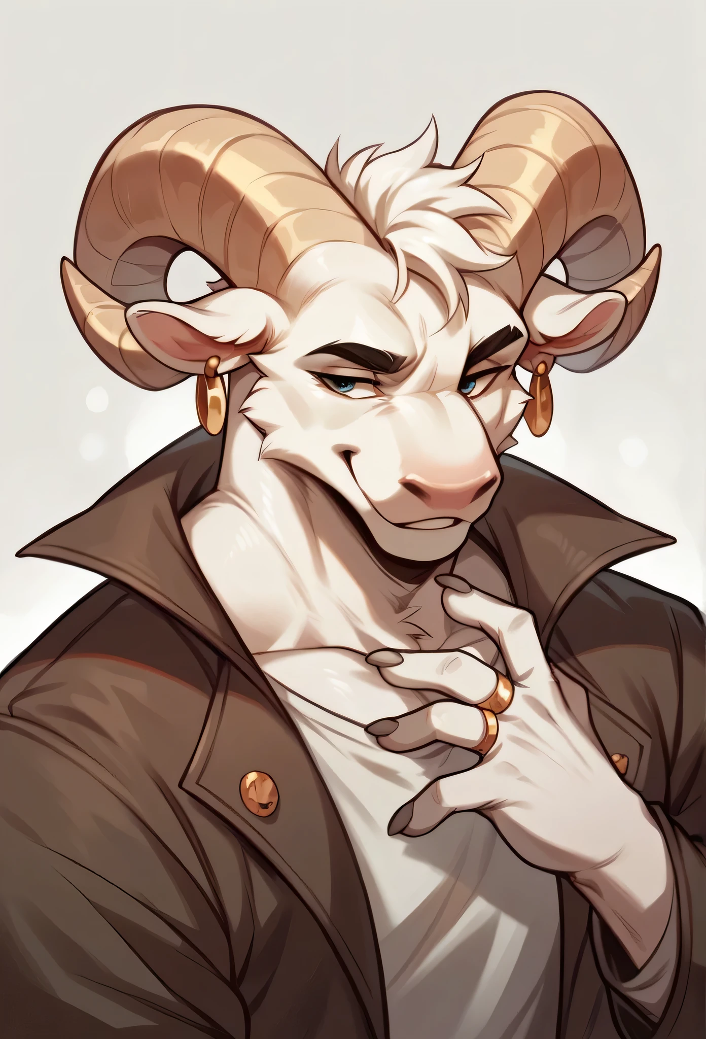 White anthropomorphic ram, mature, white wavy crest, with coiled horns, with brown jacket, slight smile, with piercings and earrings, rings on their fingers