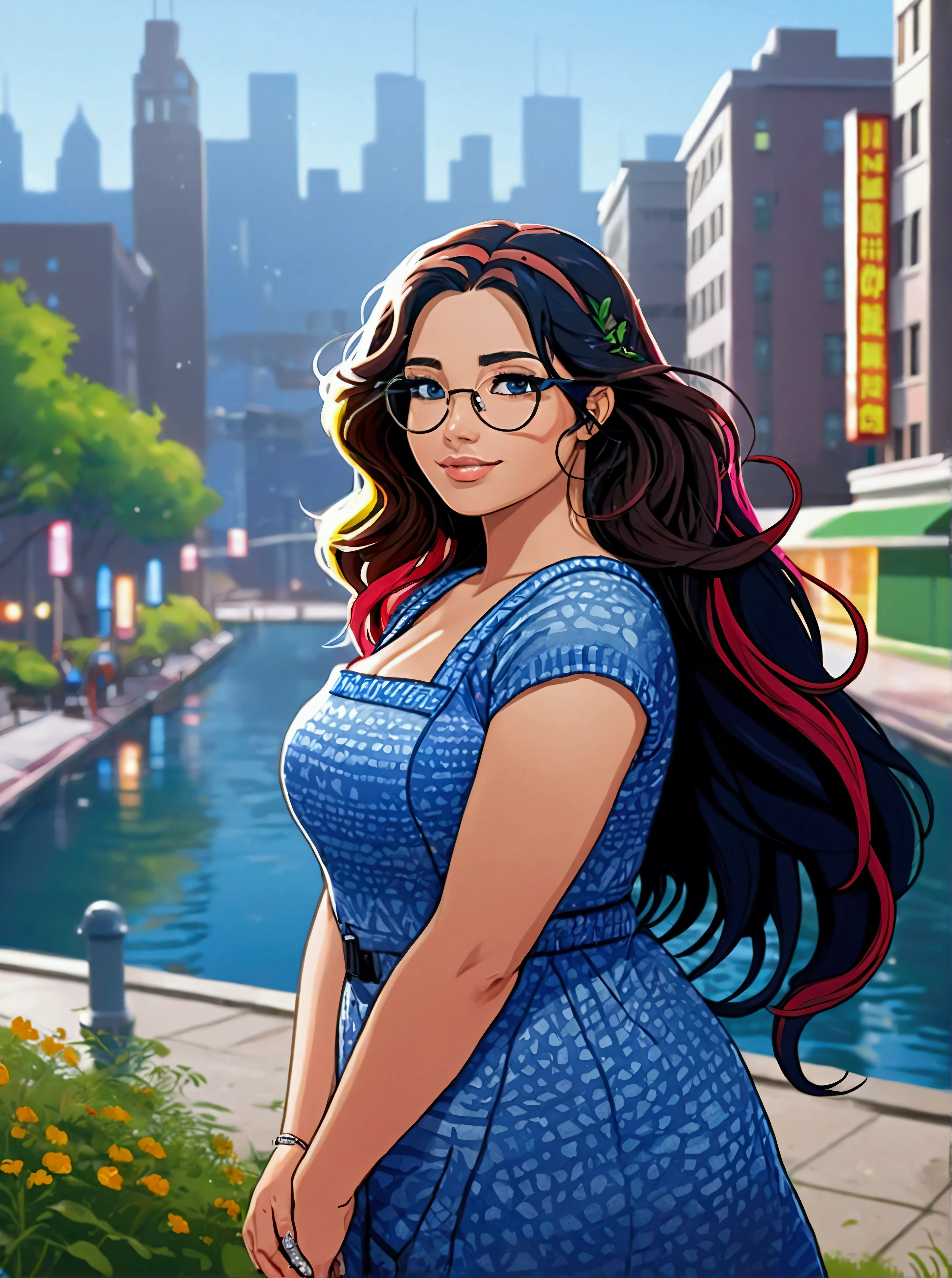 Life like Render, Photorealistic, hyper detailed, Editorial, stylistic manga art style, winter on an Island city sector with numerous government buildings on a campus with multiple high rise buildings, parks, streets, shopping, train station with in the bay of a bigger ultra modern metropolis with colorful pastel neon lights, sea, mountains, sunrise, combination of cyber punk modern and art nouveau architecture as the snow falls down, view of metropolis, sunrise a soft beautiful 36 yr old, mulatto, female WITH golden skin, curly BLACK hair ombre blonde tips, hazel green eyes &, wearing eyeglasses, standing outside in puffer coat admiring city view at sunrise