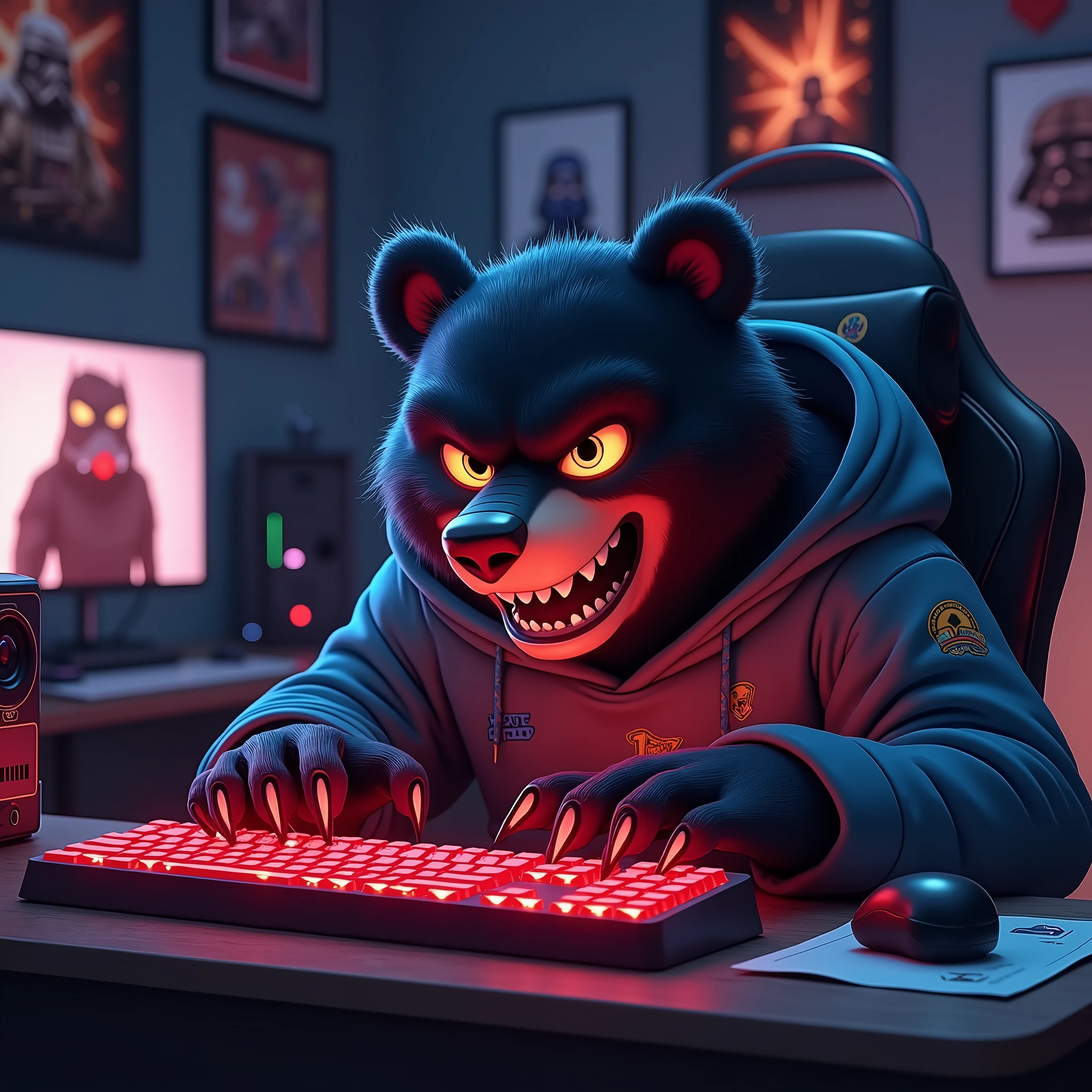 A black bear (animal) angry and growling while playing on his computer. Has a gamer office with red lights in the background. He is sitting in a gaming chair. He has a sweatshirt. Star Wars things for decoration. ReV animated style.