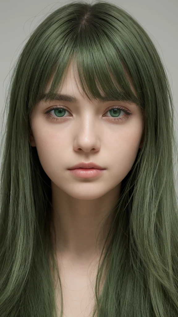 a girl. European. Extremely detailed face. Oval face. Delicate facial features. Half-closed eyes. Long straight hair. Messy hair. Bangs. Green hair. Green eyes. Sad. Expression Shy
