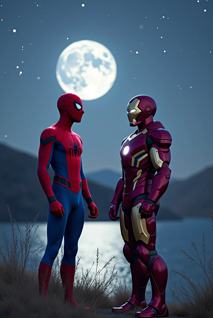 A spiderman and an iroman is standing  beside a river. “theeihu” is written on ironman suit and “mospidy” is written on spiderman suit. A beautiful moon in the sky. Stars are glitching. 