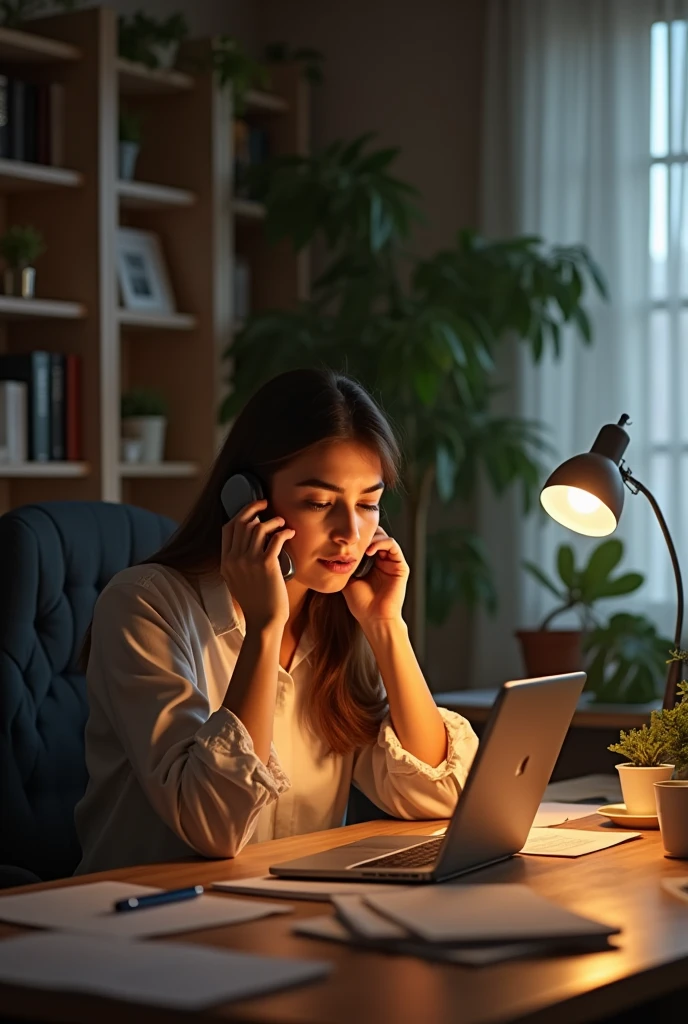 The woman still sitting at their desk, looks surprised when their phone rings. They pick it up, showing a mix of curiosity and apprehension.