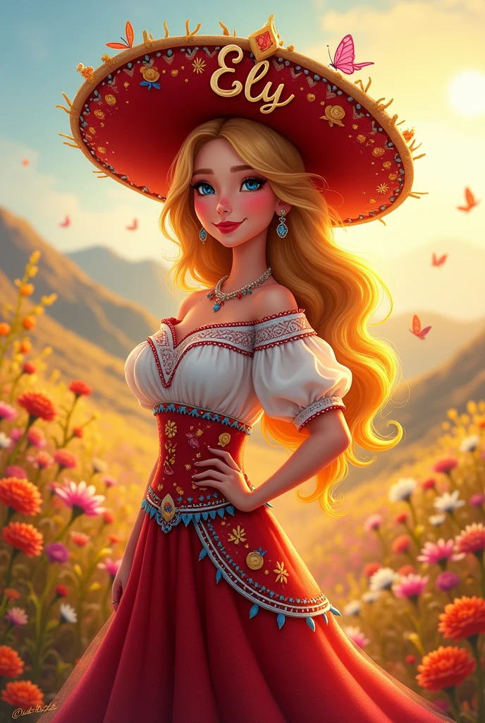 Mexican blonde woman with medium-long hair , traditional costume of Adelita , with the name ely on the hat Disney Version