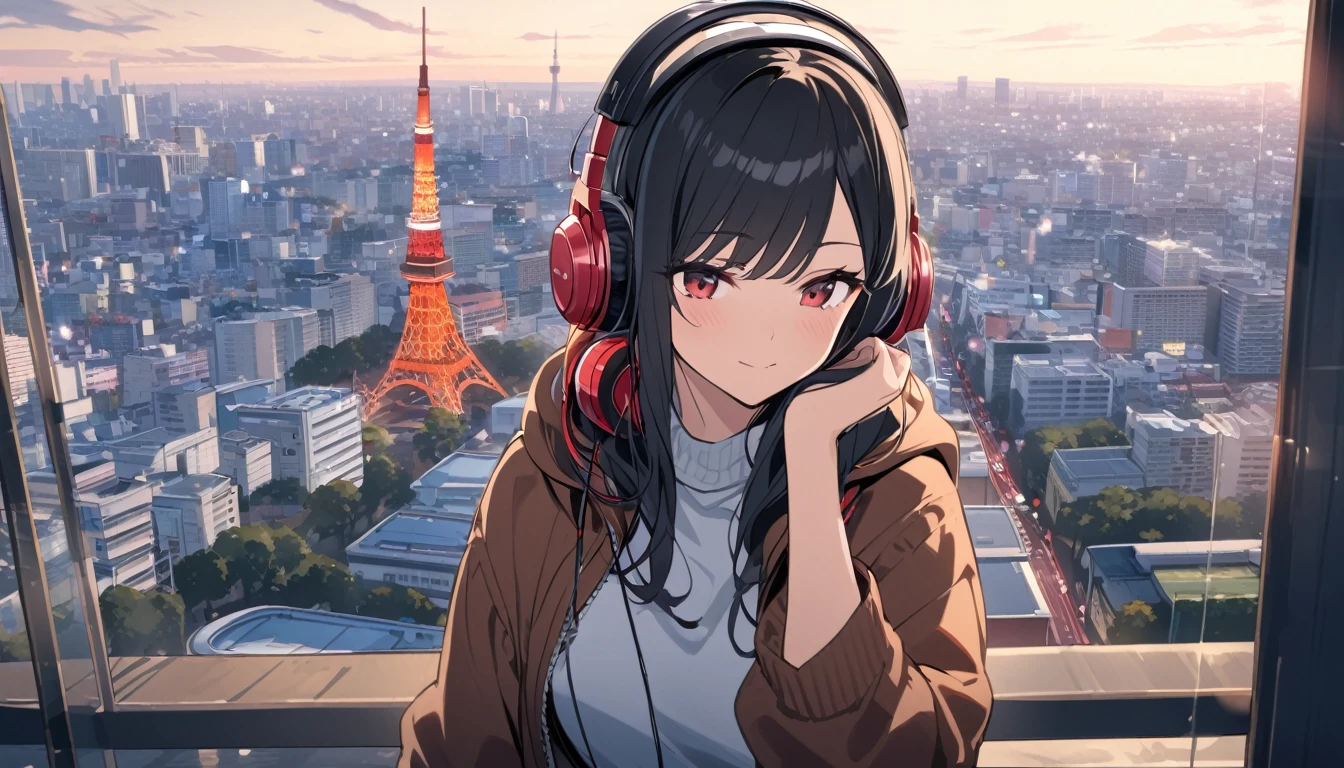 Black haired woman with headphones looking at Tokyo Tower,Streetscape、listen to music、Japanese