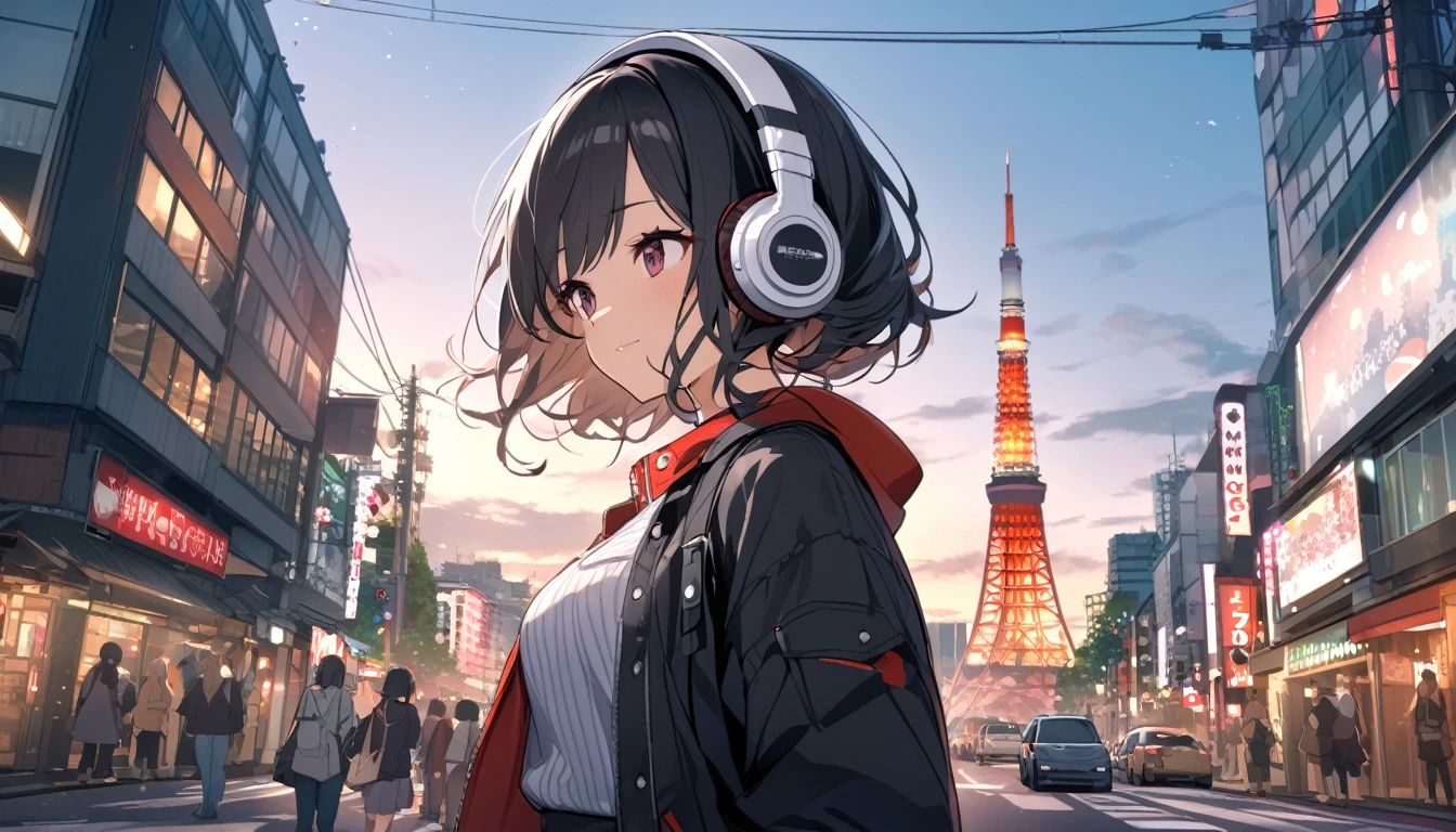 Black haired woman with headphones looking at Tokyo Tower,Streetscape、listen to music、Japanese