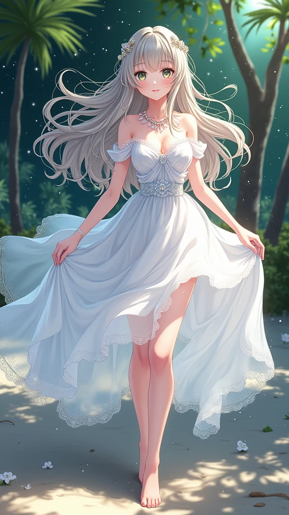 (masterpiece、Highest quality、8k、High resolution)、One female、(Beautiful Face、Beautiful Face)、Beautiful eyes、Beautiful lips、Beautiful nose、Silver blonde hair、(The best girl in anime)、Sandy beach with a view of the forest、A bright night with stars visible、full moon、milky way、体whole bodyから神秘的な光の粒子、Colorful light particles、A mysterious light glowing around the head、jewelry、necklace、dress、(whole body)、Highly detailed anime art、A complete portrayal、