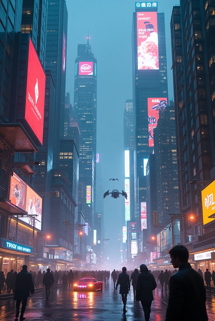 background image, futuristic city at night with bright signs, tall buildings, flying cars and robotic people, hyper realistic 