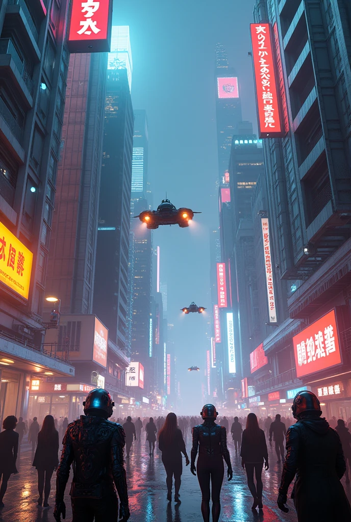 background image, futuristic city at night with bright signs, tall buildings, flying cars and robotic people, hyper realistic 