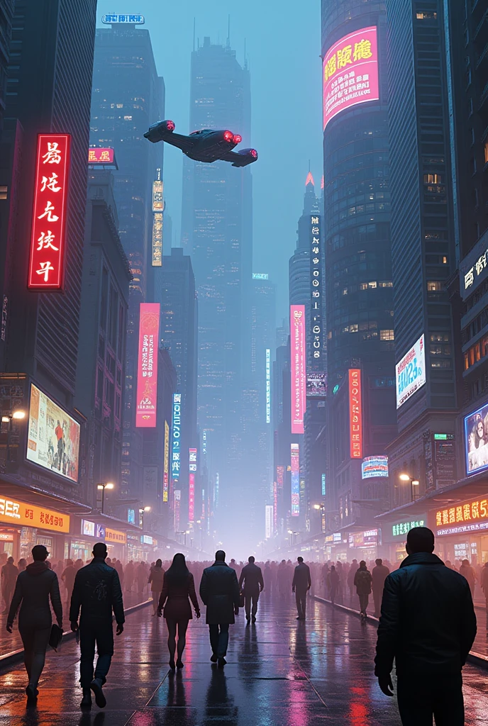 background image, futuristic city at night with bright signs, tall buildings, flying cars and robotic people, hyper realistic 