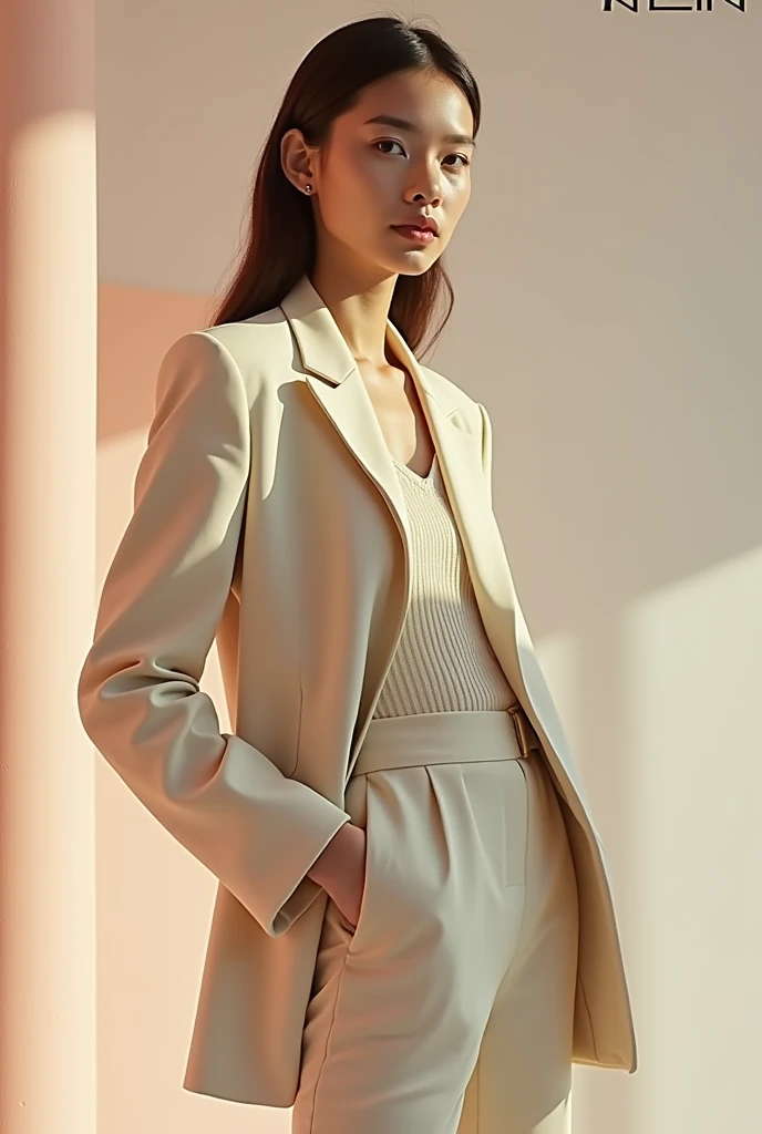 Create a fashion poster featuring a women's blazer as the main product, with the brand name 'N'Lin' prominently displayed in the image. The poster should exude elegance and sophistication, appealing to young women with a refined and trendy sense of style. Use a minimalist design with a clean background, focusing on the blazer's details and quality. The typography should be sleek and modern, and the placement of 'N'Lin' should be tasteful yet noticeable, reinforcing the brand's identity within the high-fashion market
