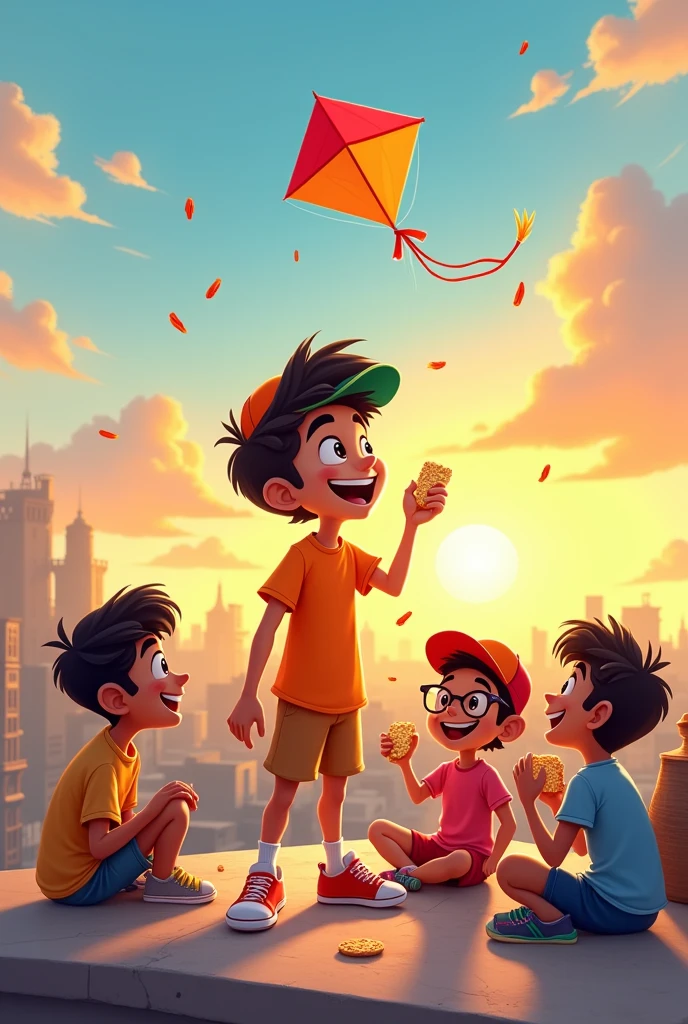 

**Prompt:**
"Create a 2D animated-style illustration of a character named Harsh enjoying time with friends on a rooftop. The scene should feature a kite named 'Kite' from 'SKT' flying in the sky. Harsh is on the rooftop with three friends: Yash, Kartik, and Om. The friends are engaged in lively and relaxed activities, such as chatting, laughing, or having snacks. The background should show a cityscape or skyline to complete the cozy and carefree atmosphere."
